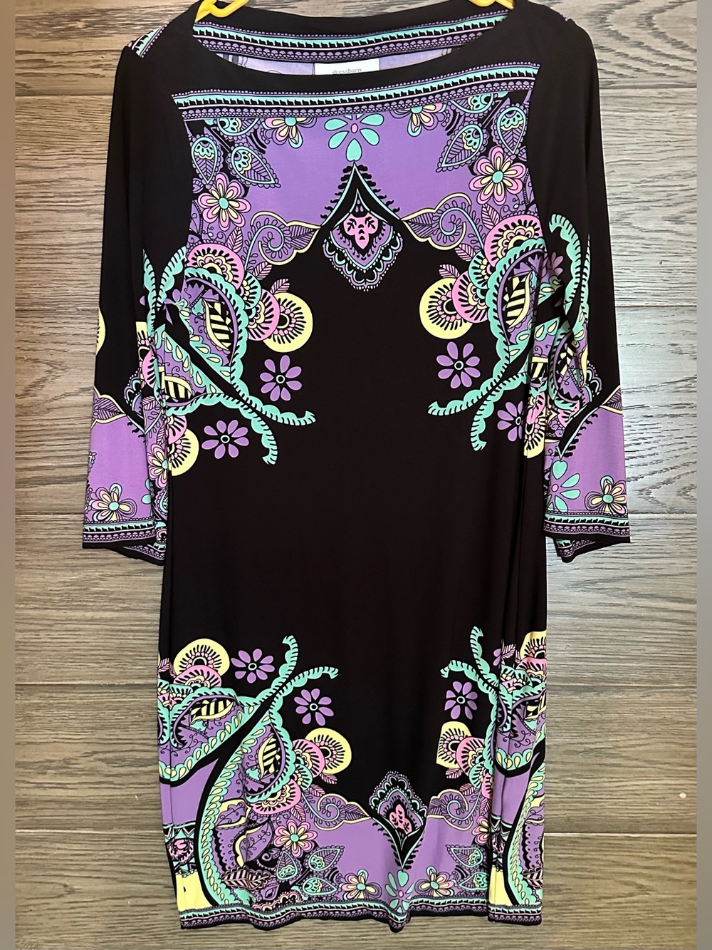 dressbarn Black Midi Dress with Lavender, Mint & Pale Yellow Paisley